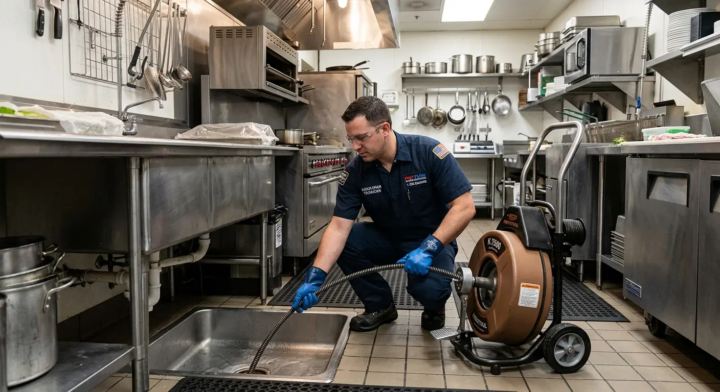 Commercial drain cleaning service in a restaurant kitchen in Irondequoit