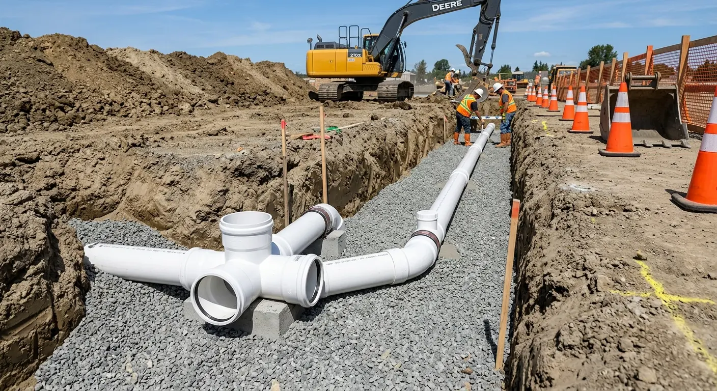 New PVC sewer pipe installation in open trench for Commercial Drain Cleaning in Irondequoit
