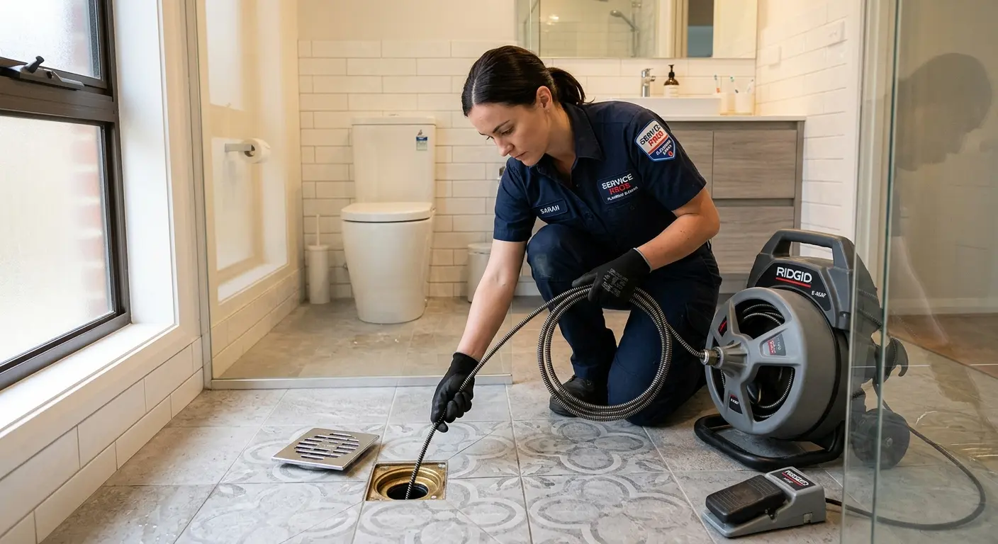 Technician clearing a bathroom floor drain for Sewer Line Replacement in Irondequoit